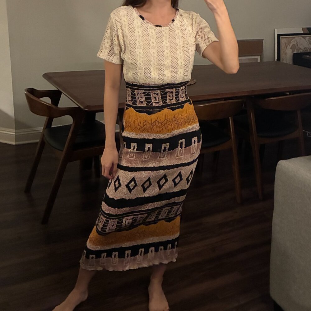 Vintage Midi Dress with knit top and geometric print - Small